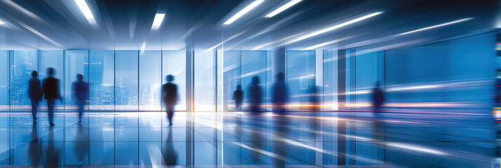 Business people walking modern office lobby with motion blur and dynamic lighting, energetic