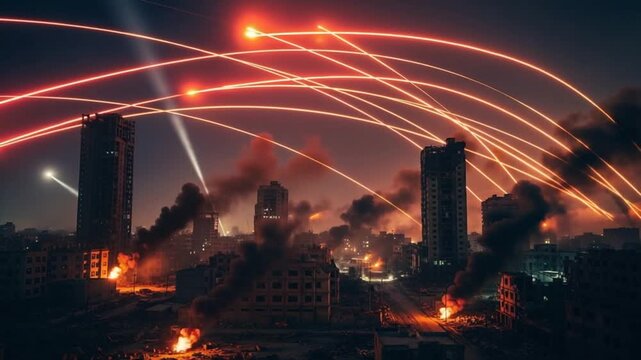 City Under Siege: A harrowing depiction of urban warfare, as a city skyline endures a relentless aerial bombardment, with fiery explosions illuminating the night sky and buildings damaged.