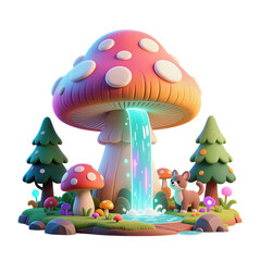 Whimsical Mushroom Waterfall with Cute Fox in 3D Style