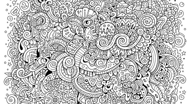 Black and White Doodle Art with Dense Tangled Patterns and Whimsical Motifs
