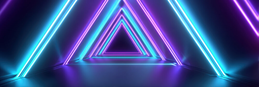 Neon triangle tunnel with blue and purple glowing light creating futuristic vibe