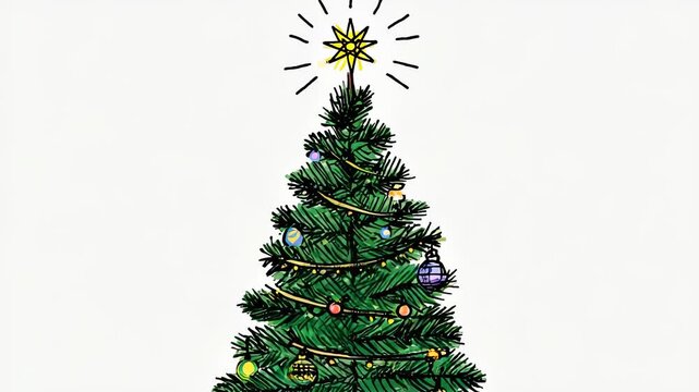 Hand-Drawn Christmas Tree Illustration with Star Topper, Ornaments, and String Lights on a Clean White Background for Festive Holiday Designs