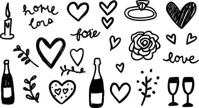 Doodle set featuring hearts, flowers, candles, and champagne. Hand-drawn vector elements for romantic occasions in an illustration style.