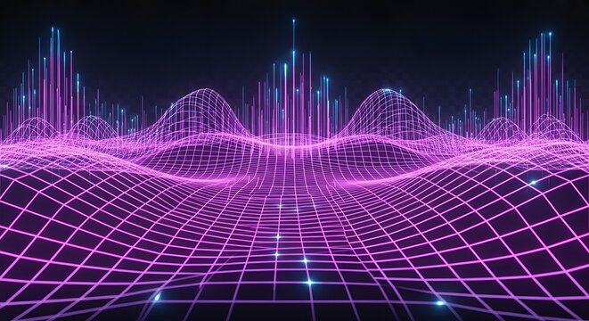 Futuristic landscape with neon grid and vertical lines, perfect for technology backgrounds