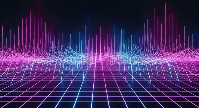 Futuristic Landscape with Neon Grid, Abstract Waveforms and Glowing Peaks