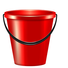Shiny Red Plastic Bucket With Black Handle And Rim On A Transparent Background Ideal For Cleaning And Storage Applications