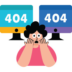 Shocked Person With Two Computer Monitors Displaying 404 Error Messages In Bright Colors With A Transparent Background