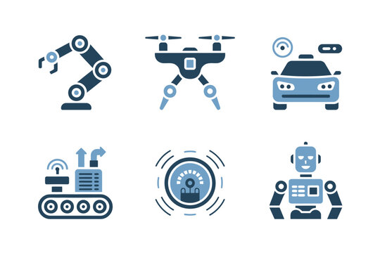Factory automation icons, robotic arms assembly, conveyor line, machine vision camera, proximity sensor, radar beacon, friendly robot head