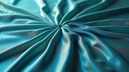 Unique twist: Elegant designer evening gown made from regenerated ocean plastic waste, featuring a lustrous fabric with iridescent blues and greens, captured with professional studio lighting.