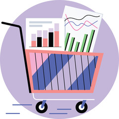 Shopping cart filled with financial charts and graphs representing business analytics and market research on a purple circular background