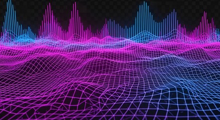 Neon digital landscape with grid surface and spectrum analyzer visualization