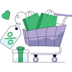 Shopping cart filled with green shopping bags and a gift box with a green ribbon next to a discount tag on a transparent background