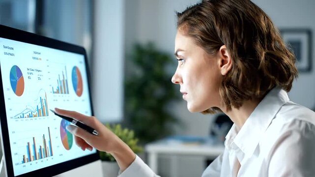 Intelligent professional analyses complex data charts on a computer screen in office setting