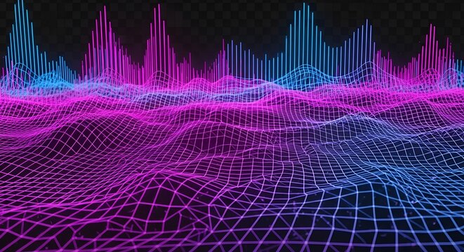 Neon digital landscape with grid surface and spectrum analyzer visualization