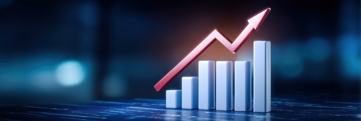 Rising bar chart with arrow, business growth and positive trend, dynamic lighting