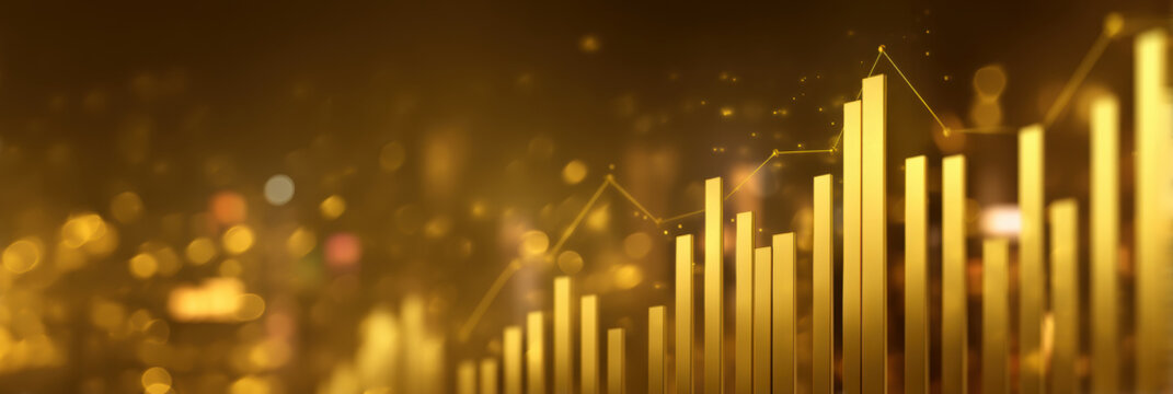 Golden financial chart with rising bars and glowing bokeh lights, optimistic investment growth