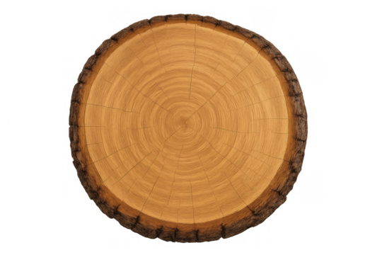 Wood slice cross-section revealing annual rings and natural grain texture, isolated on transparent background