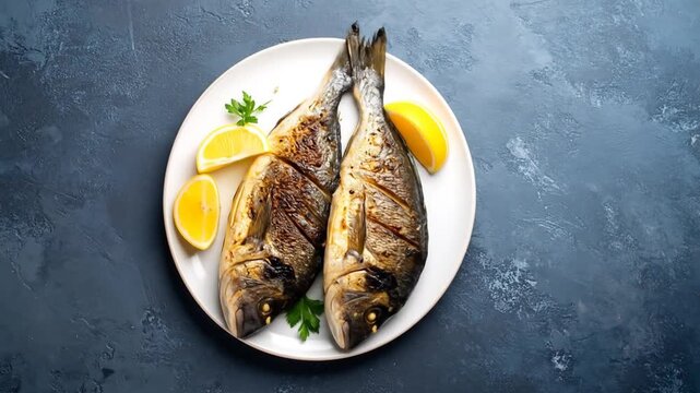Grilled fish with lemon on white plate.