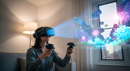 Immersive VR adventure awaits as a woman explores vibrant digital landscapes from her living room, experiencing the future of entertainment and gaming technology