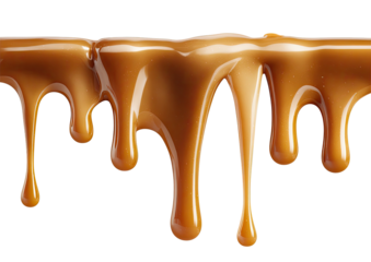Sweet, gooey caramel drips, glistening, on a black surface