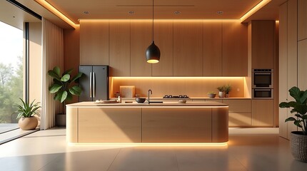 Ultra-detailed rendering: Organic smart kitchen with a recycled wood island, haptic sensors, dynamic lighting, and retracting wood panels for spice and utensil storage.