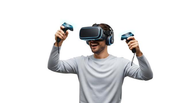 Excited man immersed in virtual reality gaming with controllers, futuristic headset offers interactive entertainment and fun for engaging digital experiences