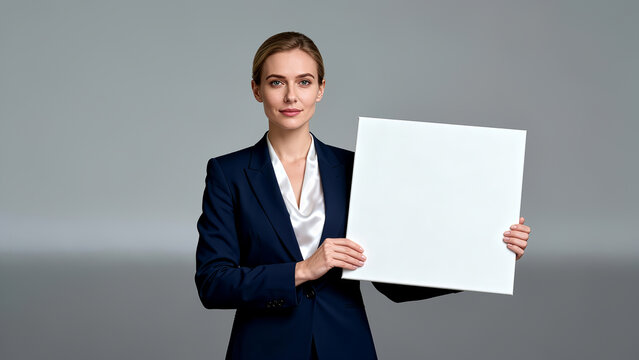 Professional woman stands confidently with blank canvas in minimalist studio setting. Neutral backdrop enhances focus on subject. Concept of advertising, presentations, corporate branding