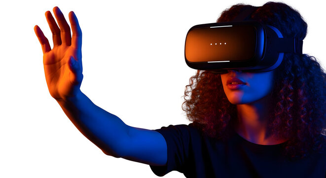 Immersive VR experience with a woman exploring virtual reality, perfect for futuristic concepts, gaming, and technology innovations in the metaverse