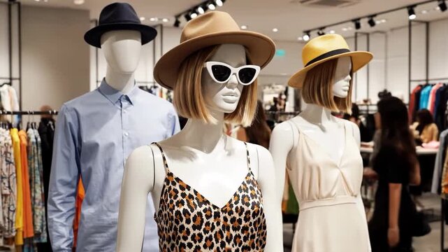 Mannequins with hats and sunglasses in a clothing store display indoors