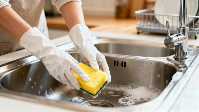 Person scrubbing dishes with yellow sponge in kitchen sink filled with bubbles. Bright, clean kitchen setting with wooden countertop and utensils