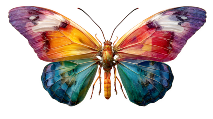 Colorful tropical butterfly with gradient rainbow wings and soft shadow, natural insect photography aesthetic for nature theme, isolated on white background