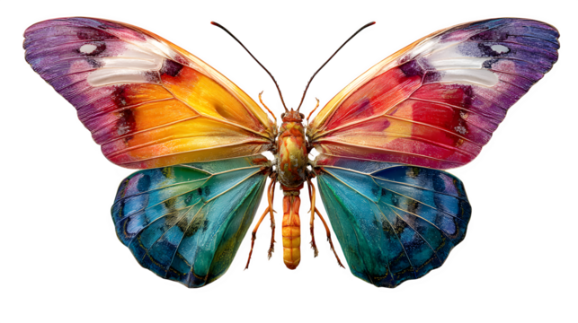Colorful tropical butterfly with gradient rainbow wings and soft shadow, natural insect photography aesthetic for nature theme, isolated on white background