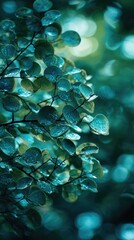 Teal Leaves With Dew Drops In Nature Background