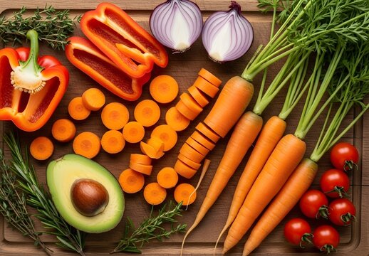 Assortment of fresh vegetables including avocado, carrots, peppers, and onions on a board - Powered by Adobe