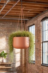Hanging Planter With Copper Strings In Rustic Interior