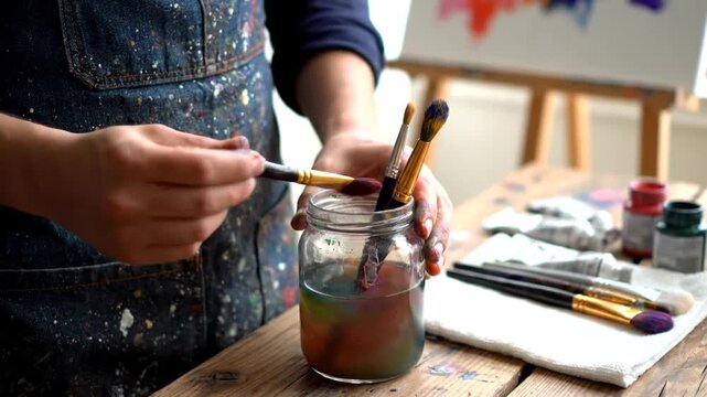Artist washing brushes in water jar for painting cleaning creativity supplies demonstration