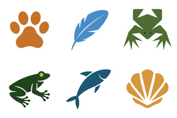 Fototapeta premium Wildlife marine life set, paw print, feather, fish, frog amphibian, seashell, natural environment flat illustration vector.