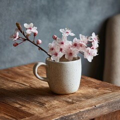 Spring Cherry Blossoms In A Speckled Mug On A Wooden Table