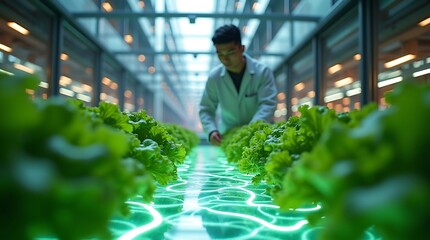 AI-managed vertical farm: Highly detailed photorealistic image emphasizing leaf texture, clean infrastructure, with modern farmer tending plants and glowing fungal threads beneath transparent floors.
