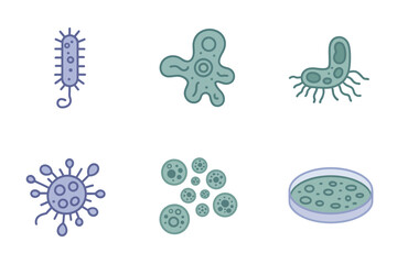 Simplified microbe and cell symbols, bacteria, virus, protozoa, cell structures, biological analysis science vector set.