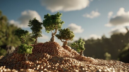 Pixelated Trees On A Hill Under Sunny Sky