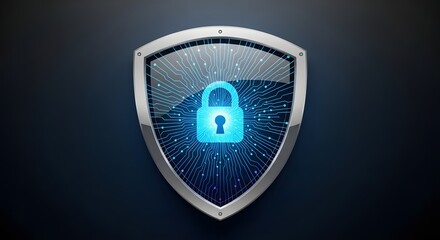 Glossy Web Security Shield, a modern padlock emblem over a blue digital circuit design with polished metallic borders representing strong and reliable cyber trust.