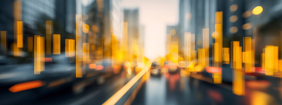 Golden bar chart over city traffic at sunset, symbolizing business growth, finance success, and urban data analytics concept. banner 