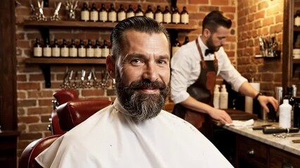 A smiling man with a beard sits in a barbers chair after a haircut