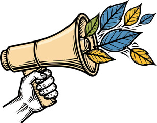 Hand Holding Megaphone with Leaves Emerging, Environmental Awareness Message