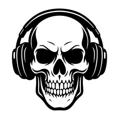 Skull with Headphones Vector Illustration – Black and White Music Skull Design for DJ, Rock, Gaming, and Tattoo Artwork