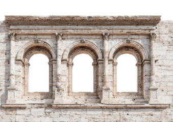 3 arched, dark windows in old stone wall