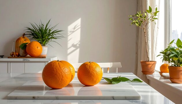 Two pumpkins and oranges on a kitchen counter with plants and sunlight. - Powered by Adobe