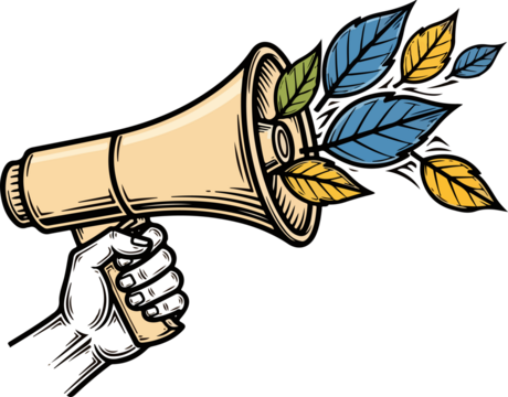 Hand Holding Megaphone with Leaves Emerging, Environmental Awareness Message - Powered by Adobe