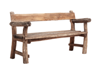 Rustic wood bench, rough-hewn style, arms, and backrest